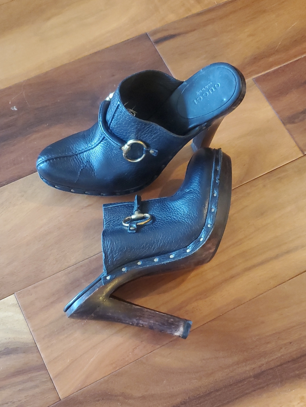 Gucci Black Leather Studded High Heel Clogs with Gold Accents
